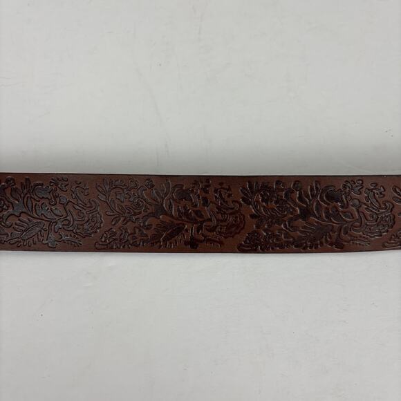 Hand Tooled Brown Leather Belt Brass Buckle Boho Western Country 30.25\